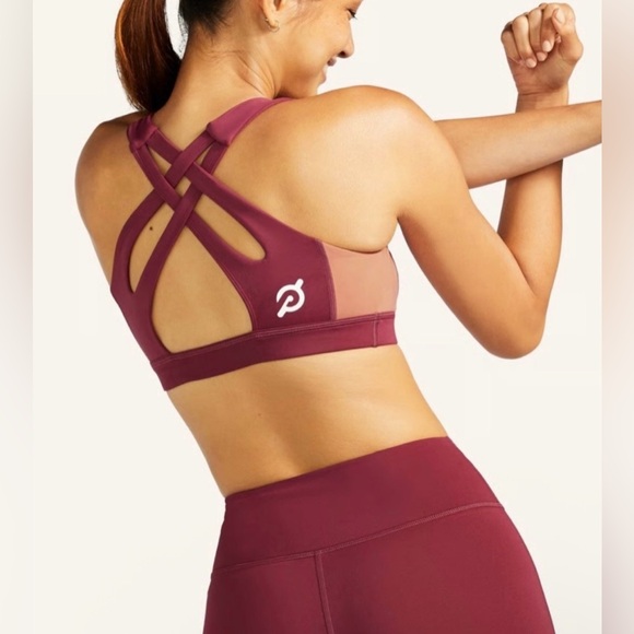 Peloton Small Colorblock Performance Sports Bra Maroon Peach Criss Cross Back - Picture 2 of 7